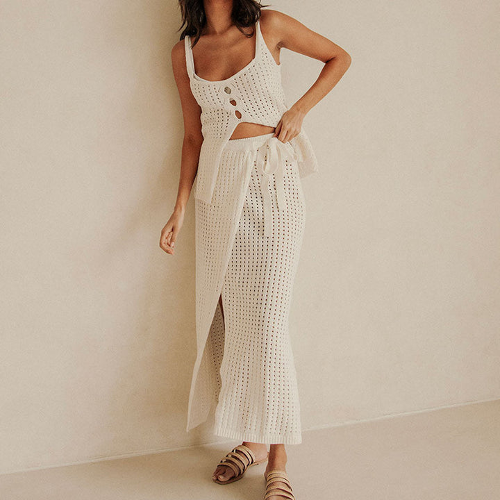 Summer beach sling top&slit strappy long skirt 2pcs set