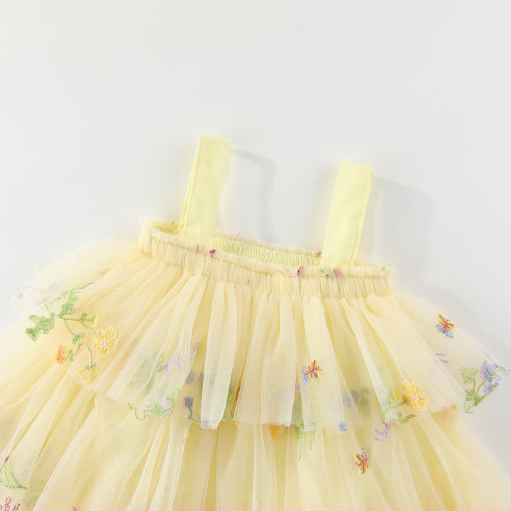 Summer flower embroidered mesh multi-layered tulle dress