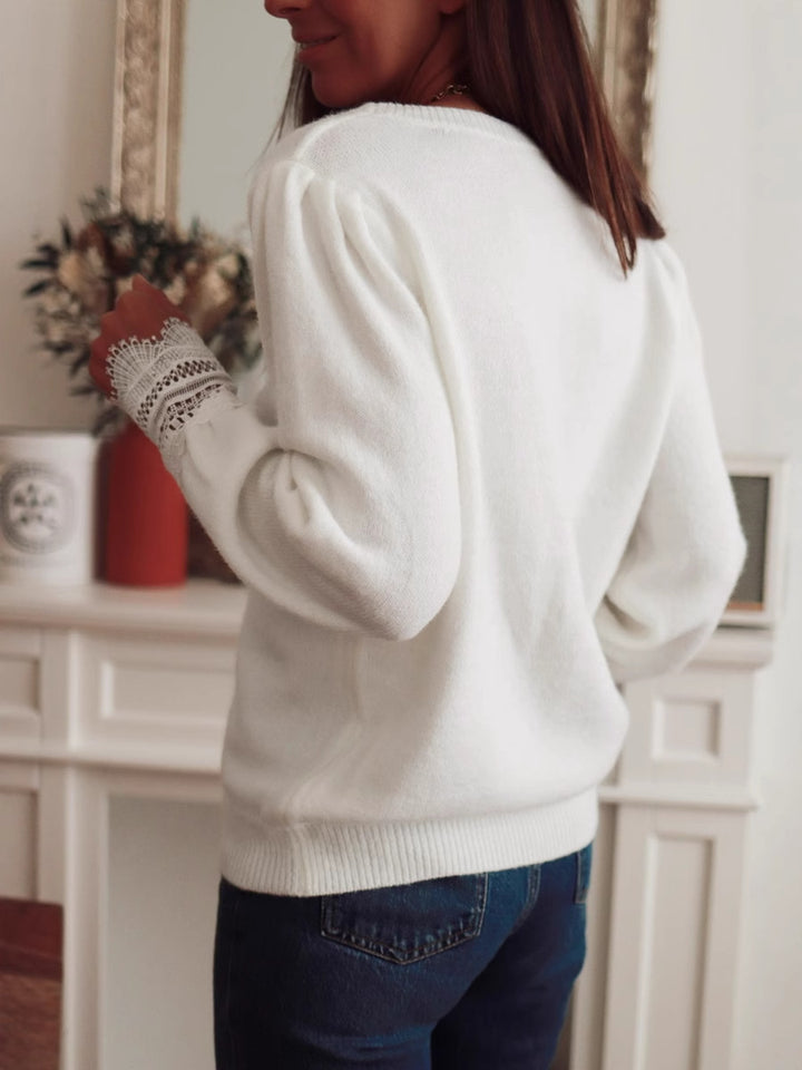V-neck Lace stitching elegant pullover sweater