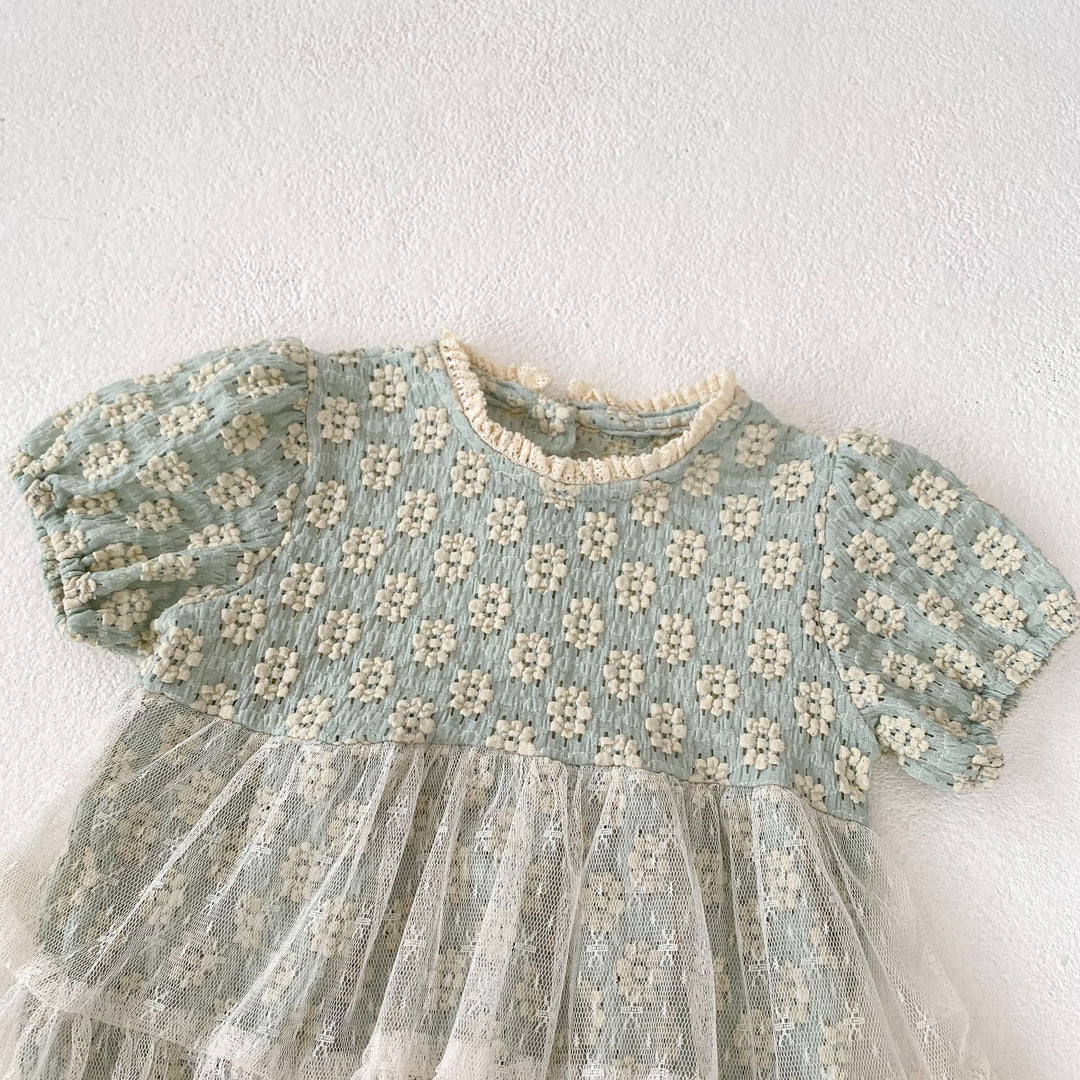 Baby Flower jacquard romper with lace mesh