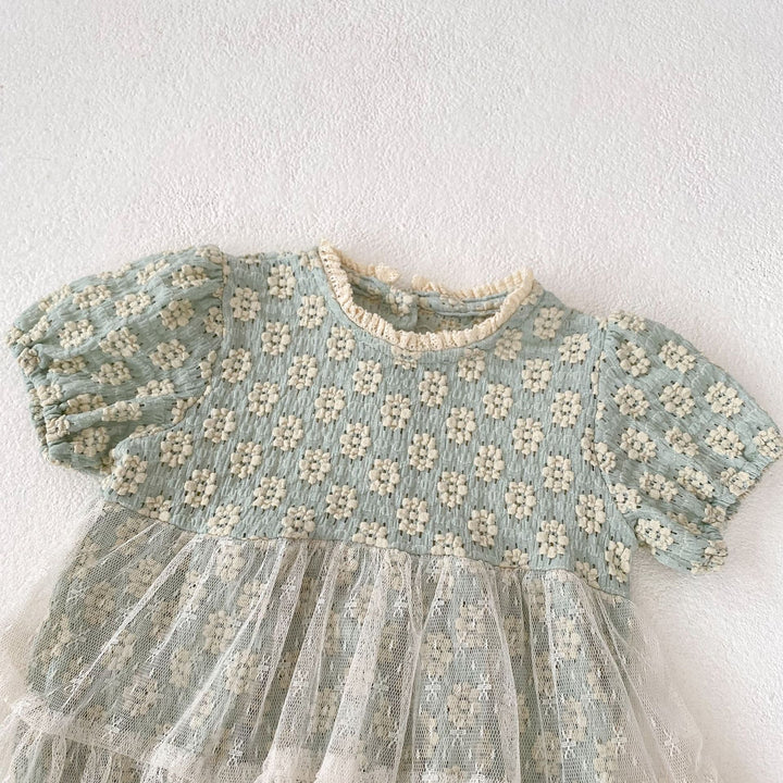 Baby Flower jacquard romper with lace mesh