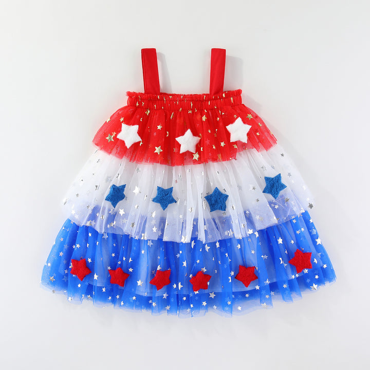 Girls'Glitter Stars Red White Blue mesh dress for 4th of July