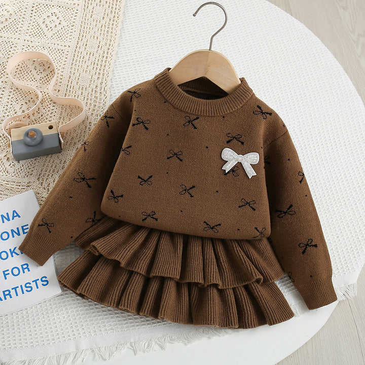 Girls knitted pullover bow sweater &cake skirt 2pcs set