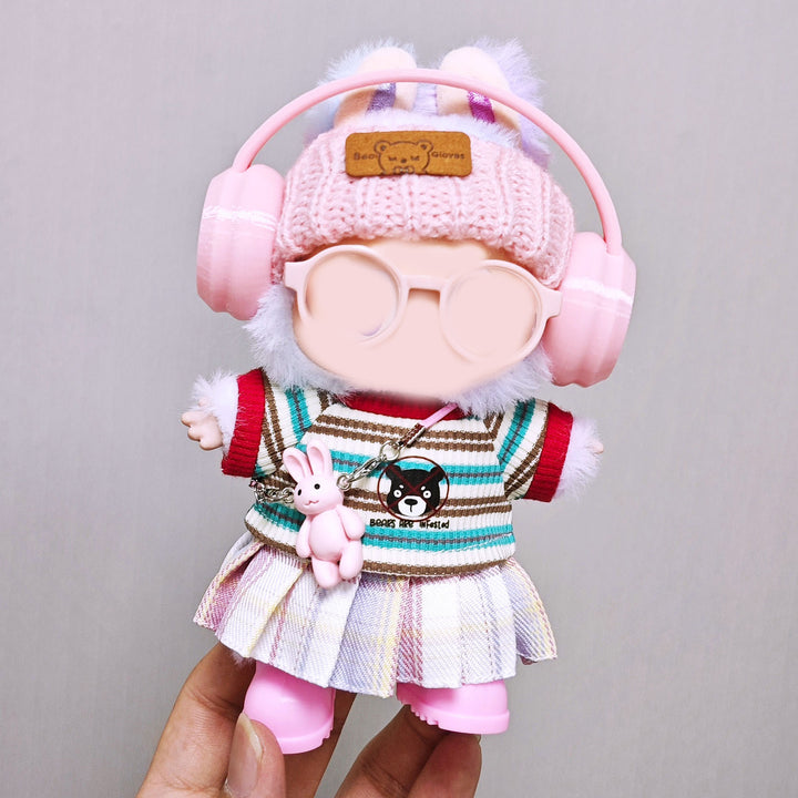 Labubu doll clothes cute pink skirt striped T-shirt 7PCS set
