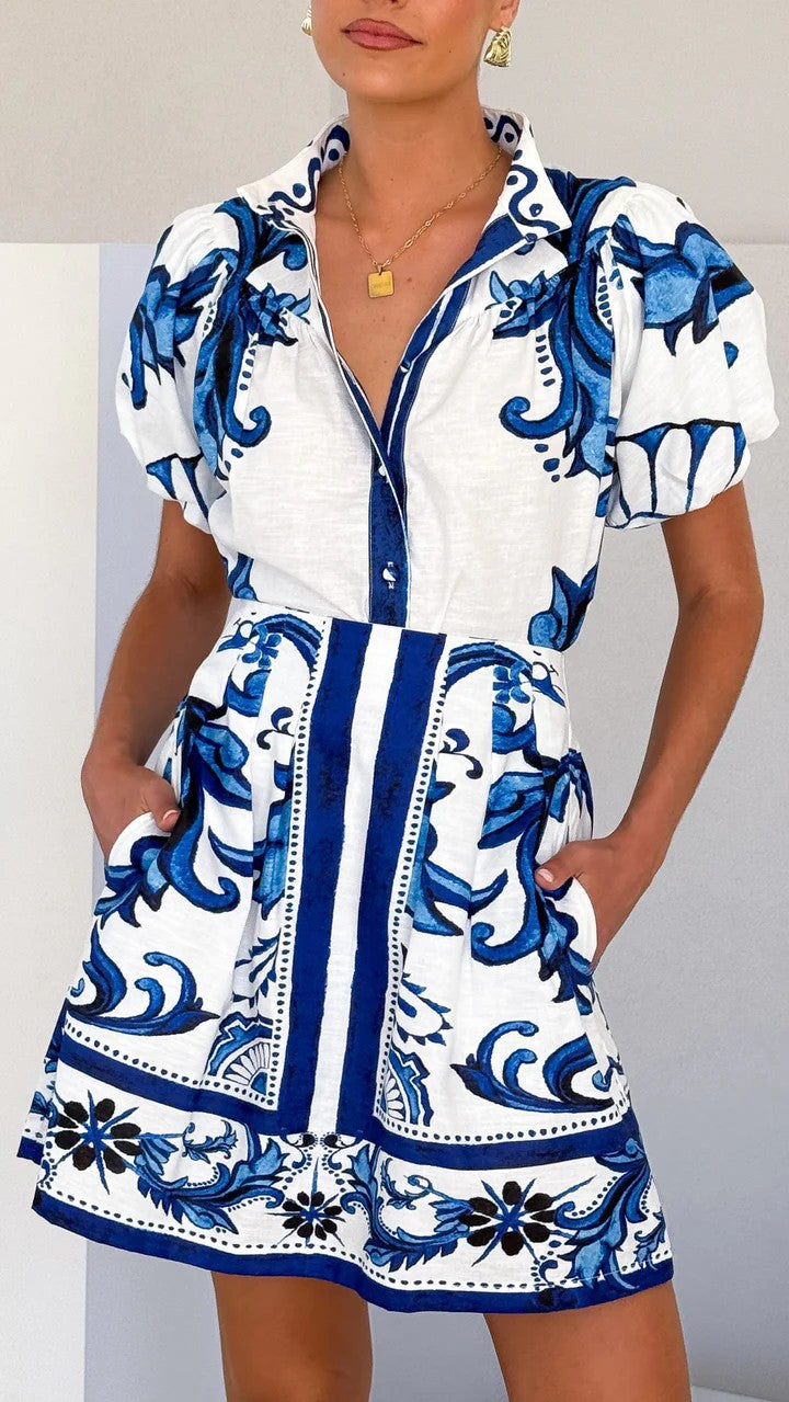 Unique floral printed Puff Sleeve shirt&Skirt set