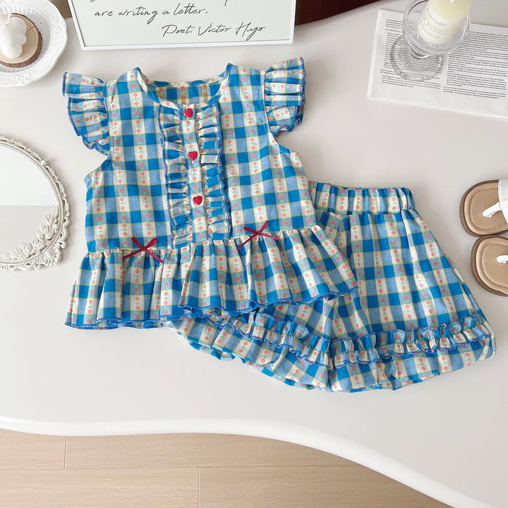 Girls blue plaid floral ruffle short set sisters outfit