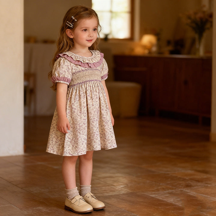 Lavender purple floral print smocked dress for girls