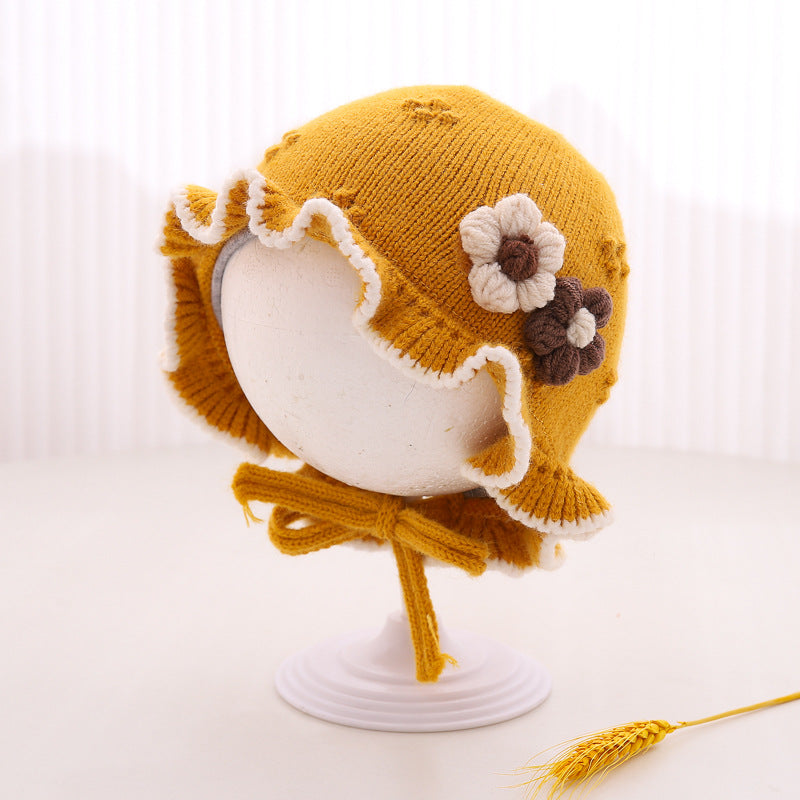 Baby cute sweet flower ruffle hem knitted hat