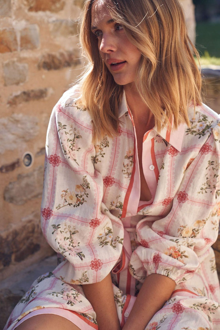 Pink Floral Linen Waist Tie Dress
