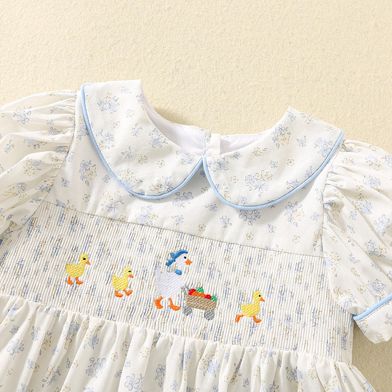 Cute duck embroidered cotton floral smocked dress