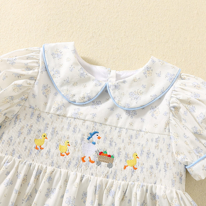 Cute duck embroidered cotton floral smocked dress