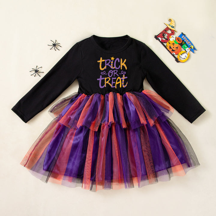Halloween Girls Long Sleeve Mesh Splicing Dress