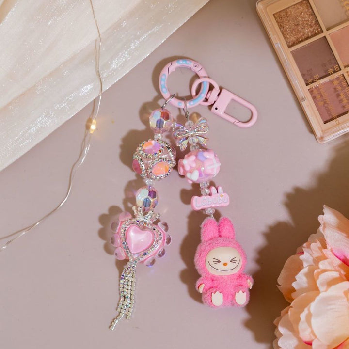 Diamond Mini Flocked Labubu keychain bag pendant