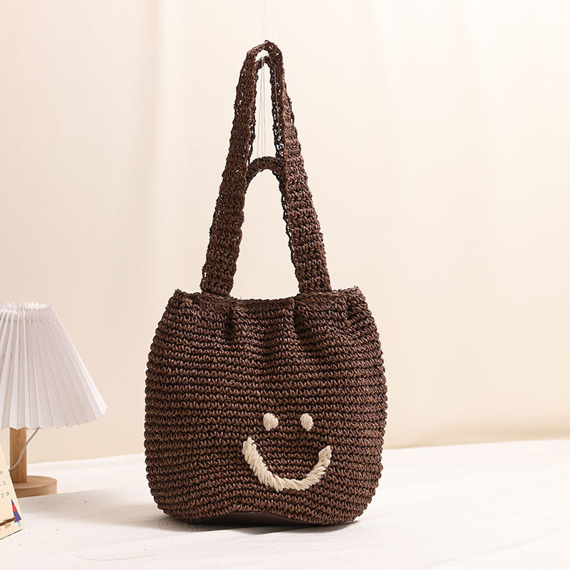 Smiley face one-shoulder cotton woven bag holiday beach bag
