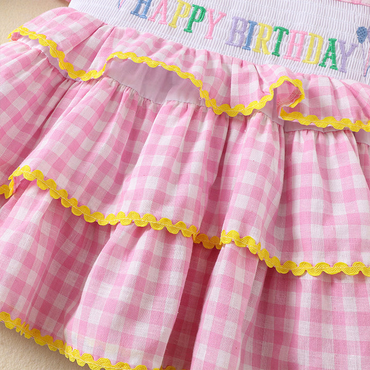 Bow tie Birthday embroidery cake dress with puff sleeves