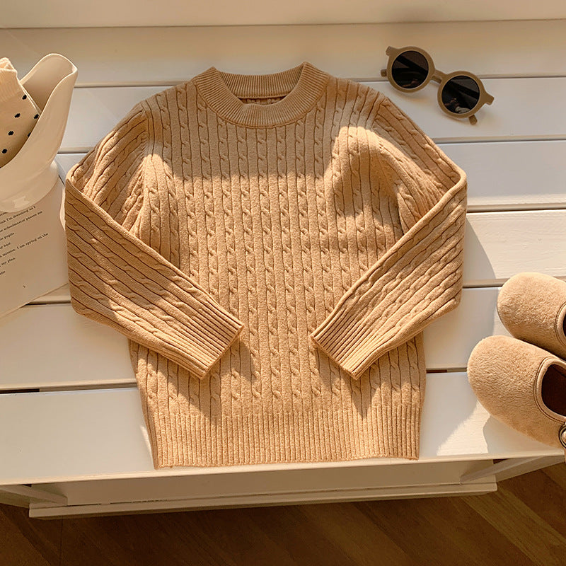 Children's solid color twist round neck knitted sweater
