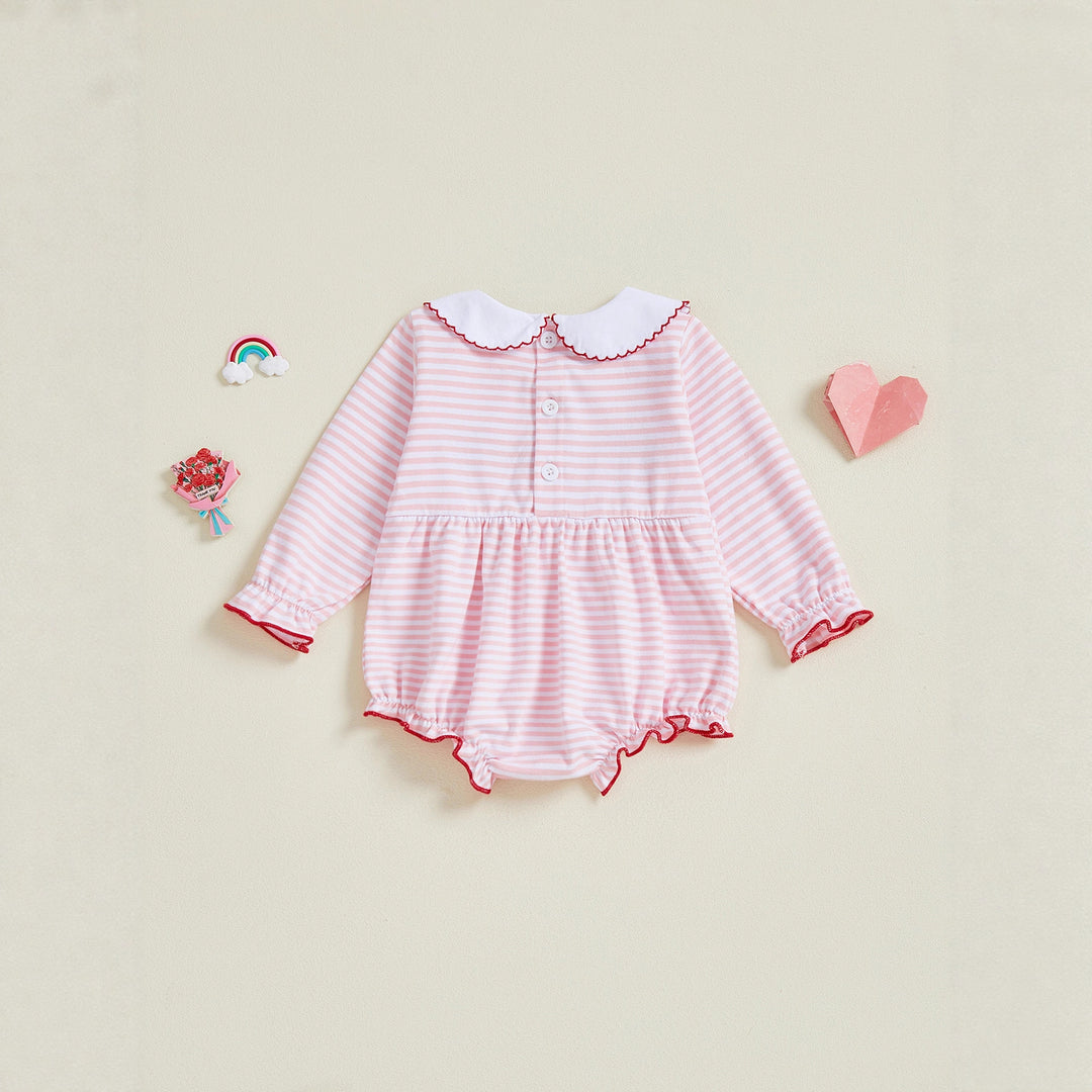 Baby Valentine's heart embroidered pink striped romper onesie