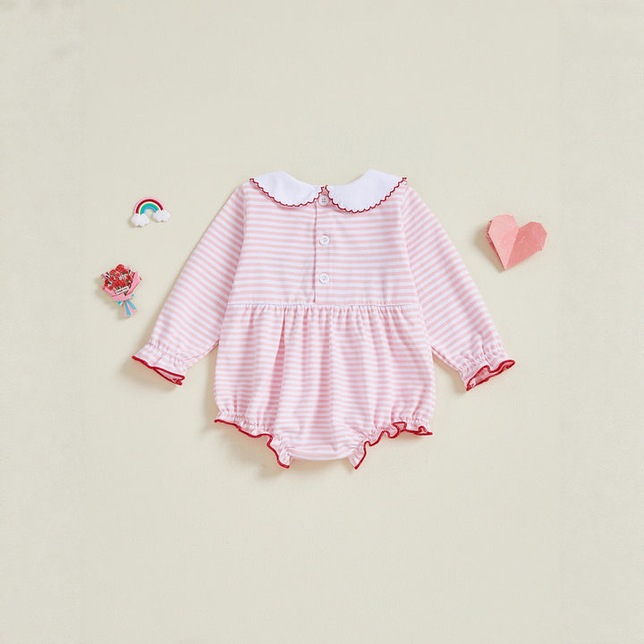 Baby Valentine's heart embroidered pink striped romper onesie