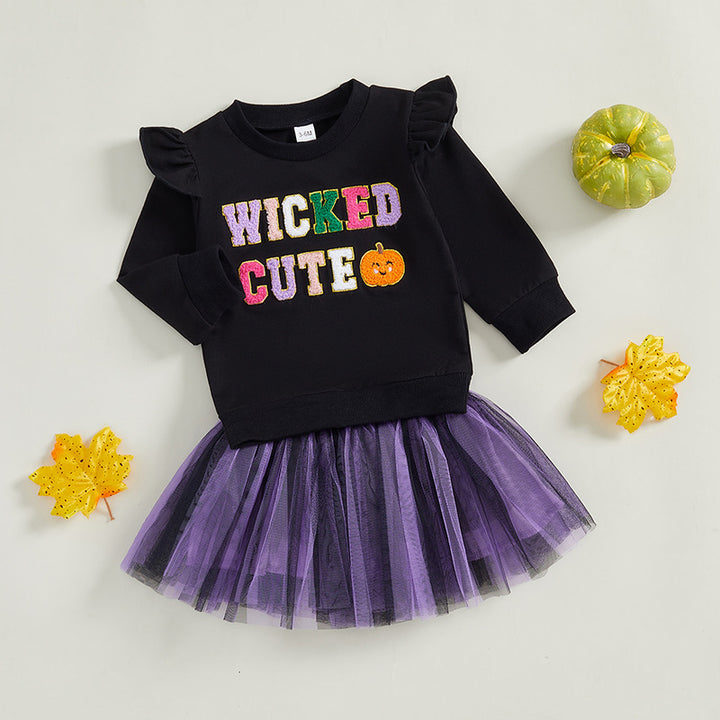 Halloween Girls Sweet Pumpkin Embroidered Top&Mesh Skirt set
