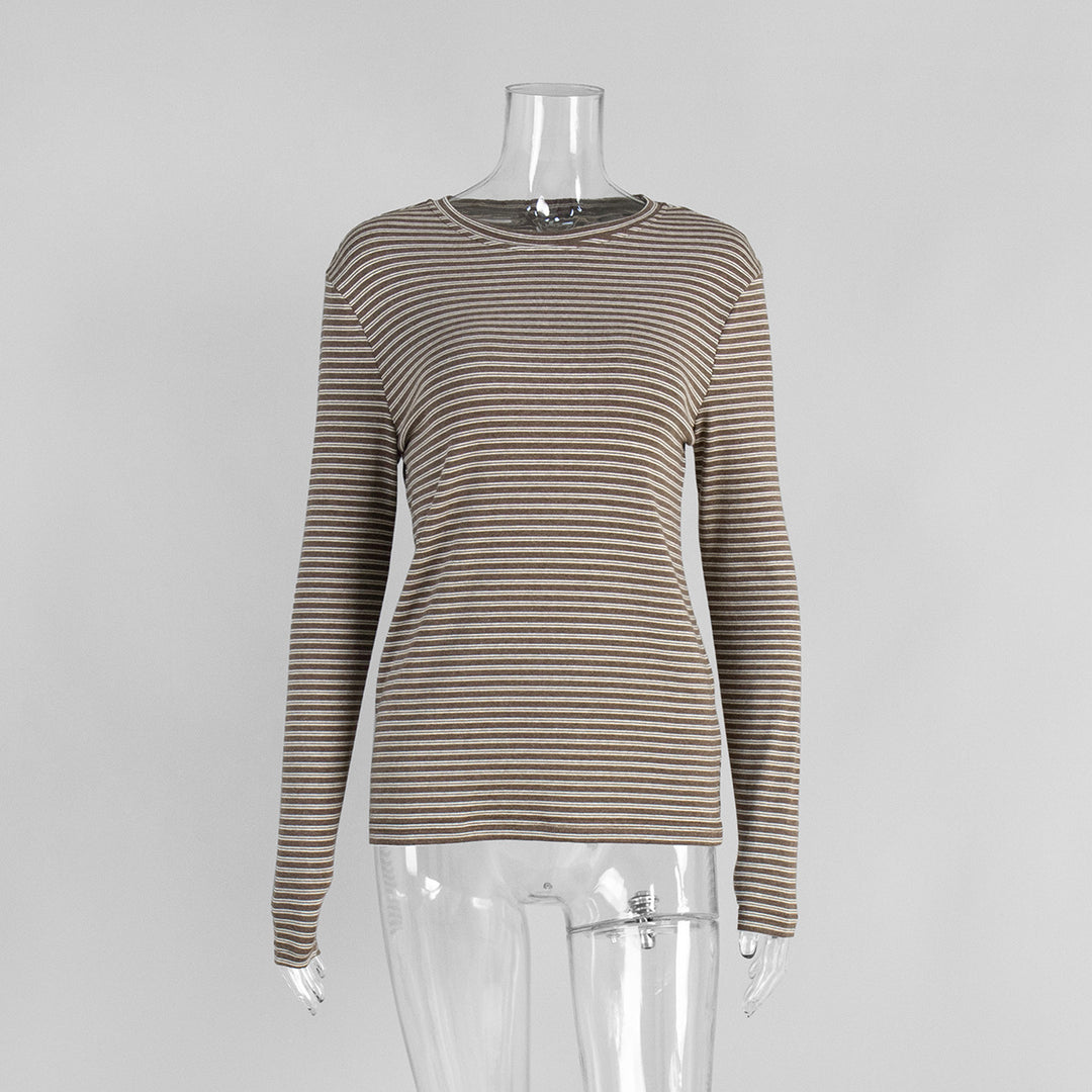 Striped slim round neck cotton bottoming shirt for women