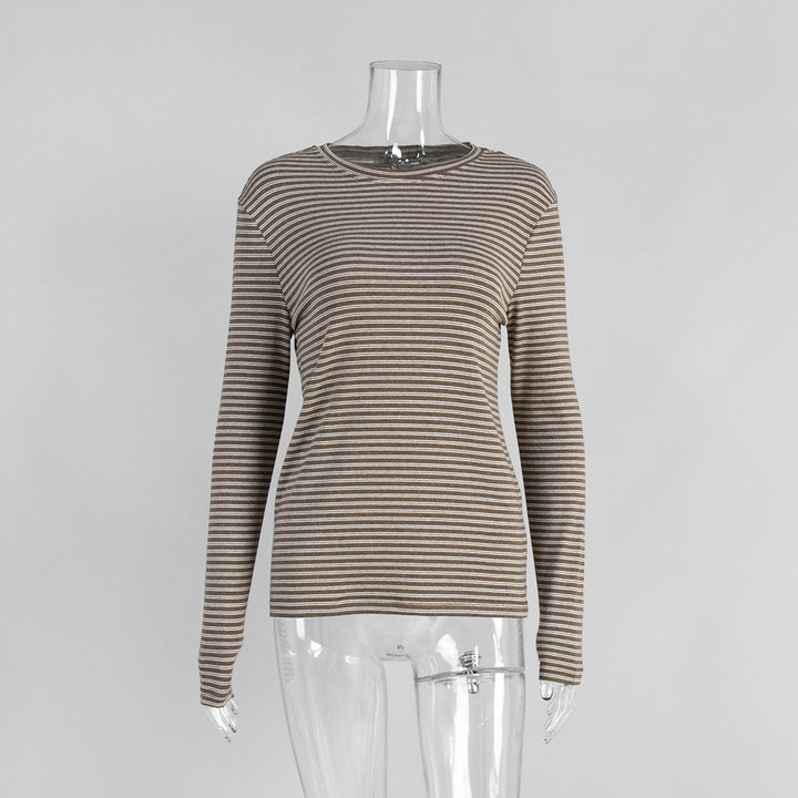 Striped slim round neck cotton bottoming shirt for women