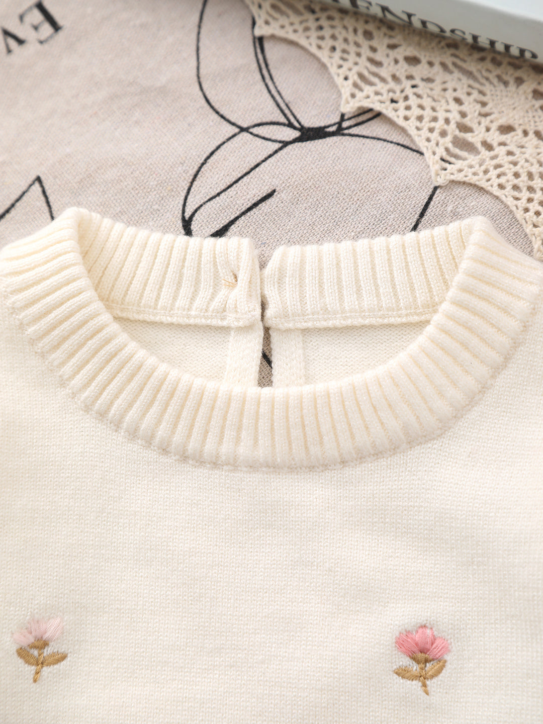 Newborn Baby Long-Sleeve Floral Embroidery Knitted Romper