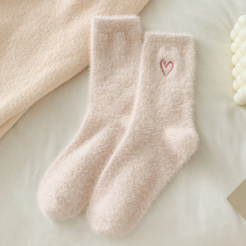 Women's fleece warm mid-calf socks with heart embroidery