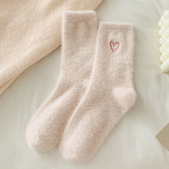 Women's fleece warm mid-calf socks with heart embroidery