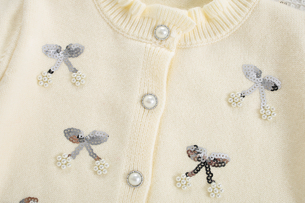 Sequin embroidery bow knitted cardigan sweater&skirt 2pcs set