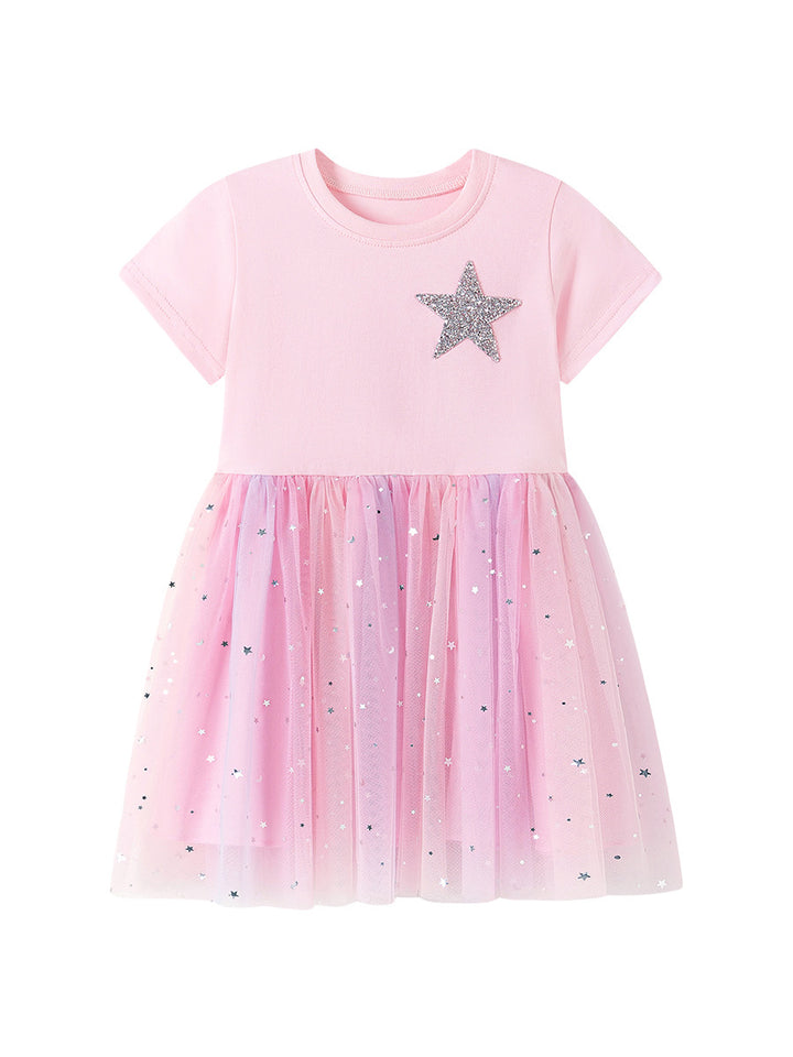 Girls'short-sleeved Sequined Star Rainbow Tulle dress