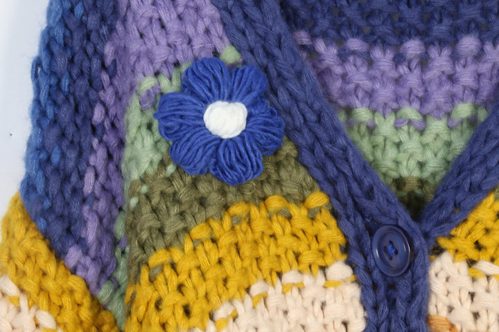 Rainbow striped handmade flower thick sweater cardigan