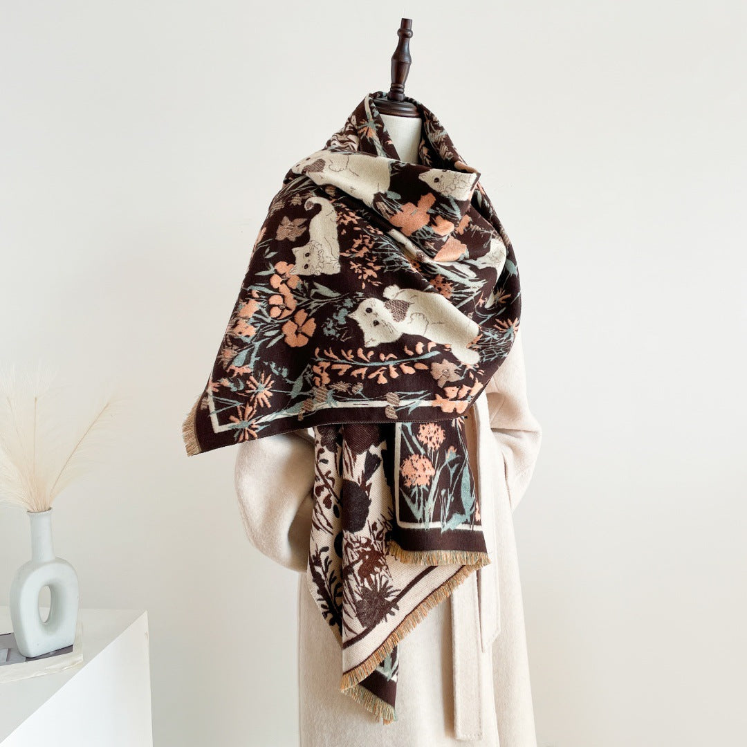 Cute cat jacquard warm scarf shawl for women