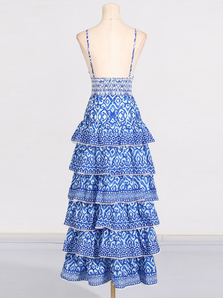 Boho retro style suspender V-neck layered dress