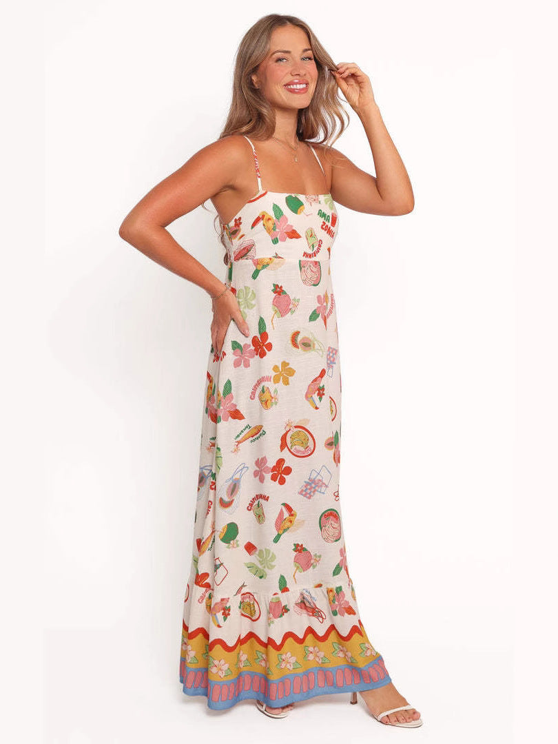 Summer seaside printed Linen Sleeveless Slip Dress