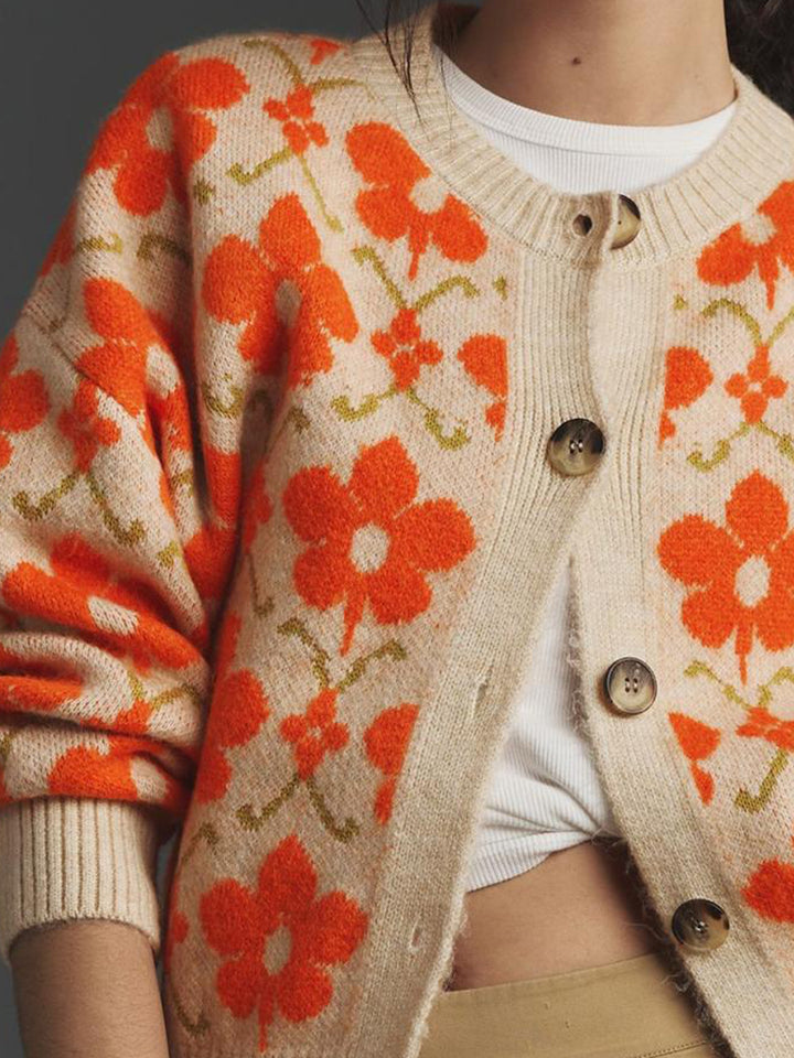 Floral Jacquard Sweater Knitted Cardigan Coat for women