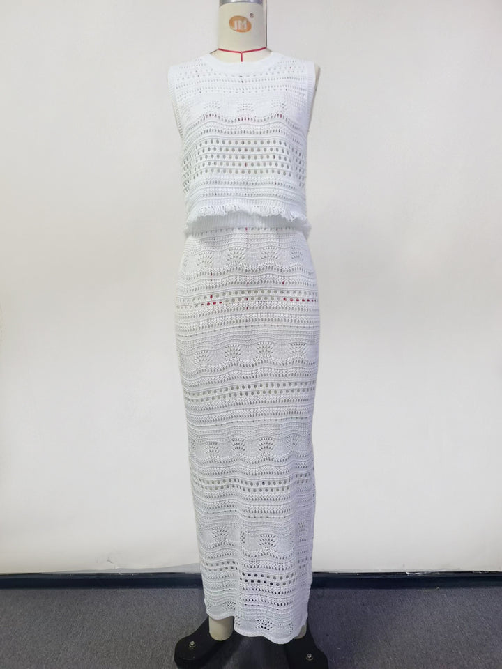 women's solid color knitted beach cover-up 2PCS skirt set