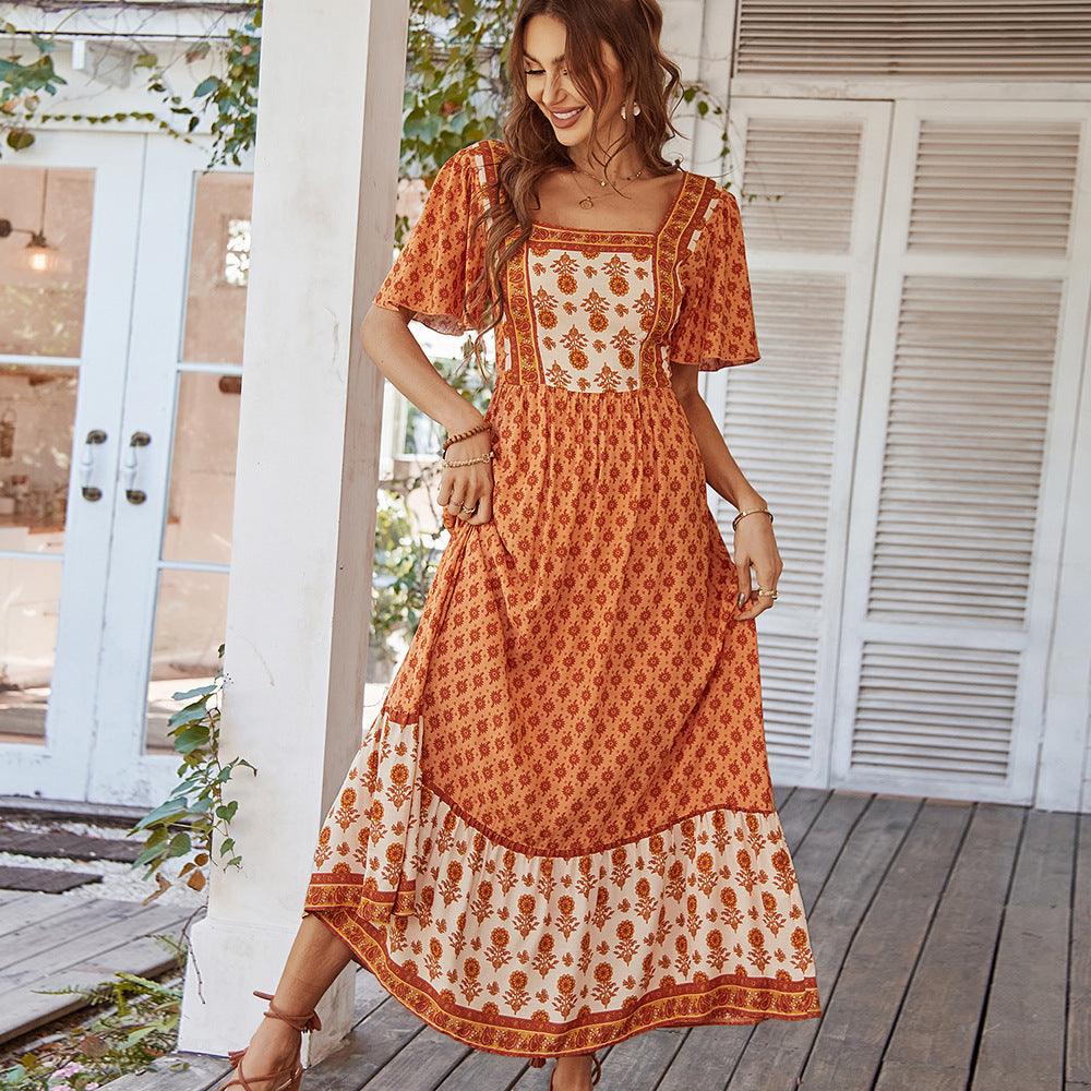 French retro floral printed square neck dress