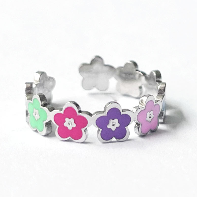 Colorful smiley flower adjustable titanium steel ring