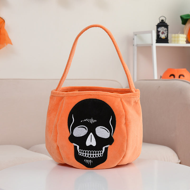Halloween flannel pumpkin candy basket with skull ghost pattern