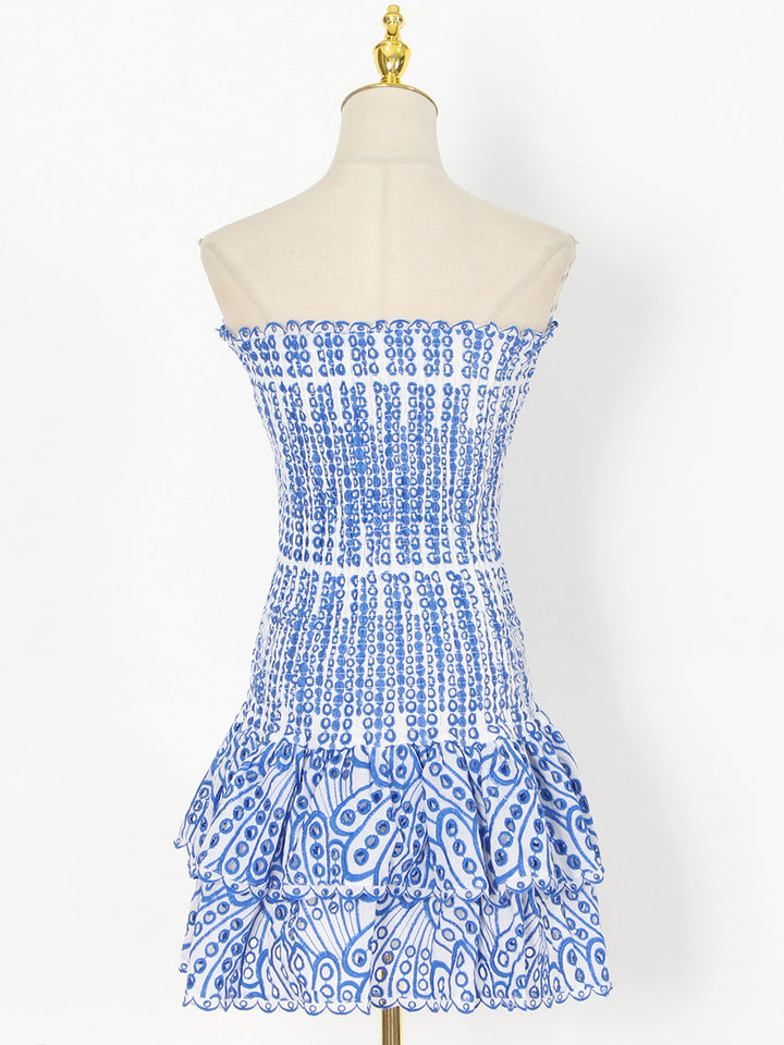 Embroidered tube top puffy mini dress