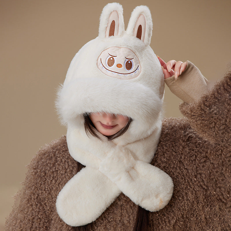 Cute monster winter windproof plush hat scarf gloves all in one