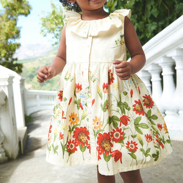 Girls pleated lotus leaf collar cotton floral dress