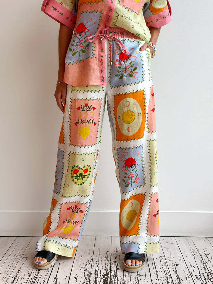 Unique Print Loose Short-Sleeved Shirt Straight Pants Set