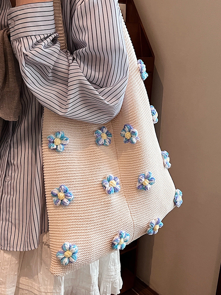 Summer colorful knitted flower shoulder tote bag