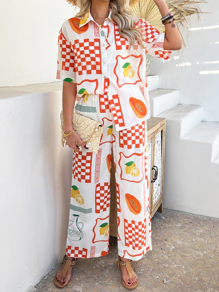Boho Printed Button Top&wide leg pant Set for summer vacation