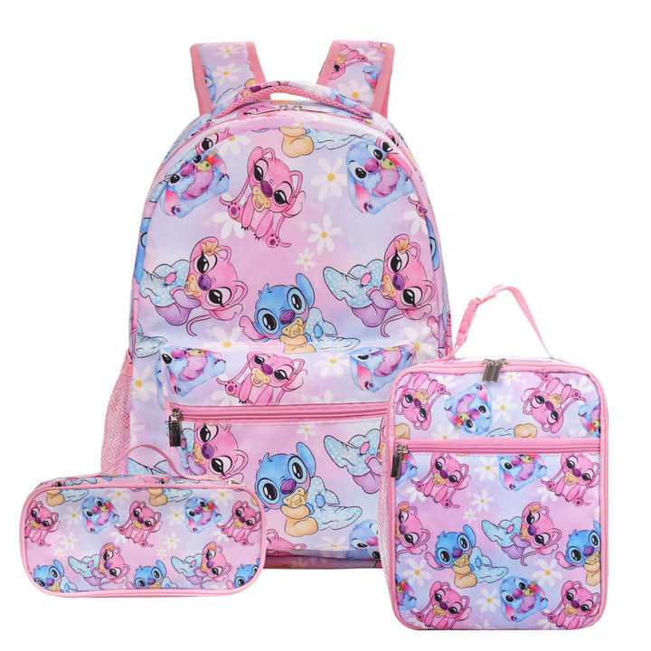 Stitch printed school backpack with lunch bag pencil bag