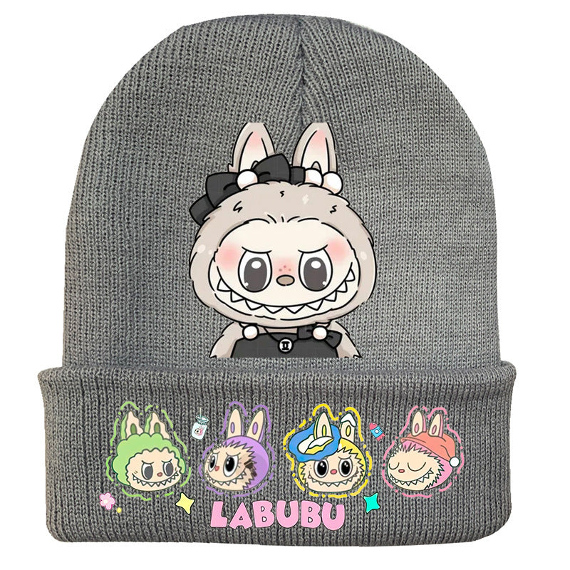 Cute monster printed knitted beanie hat-gray