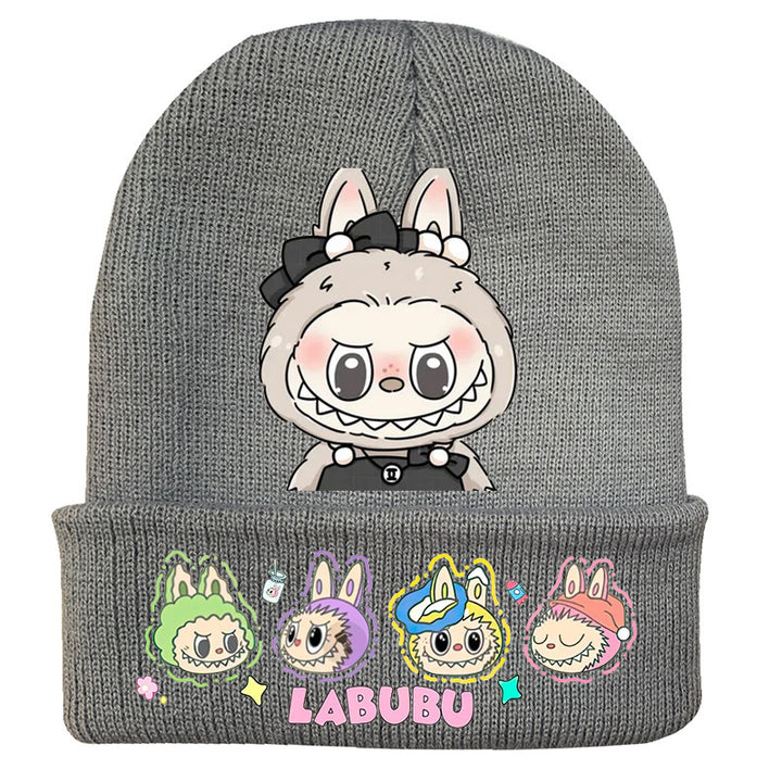 Cute monster printed knitted beanie hat-gray