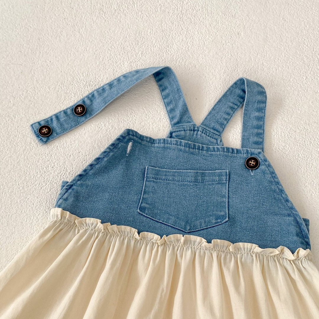 Baby denim stitching lace ruffle suspender dress