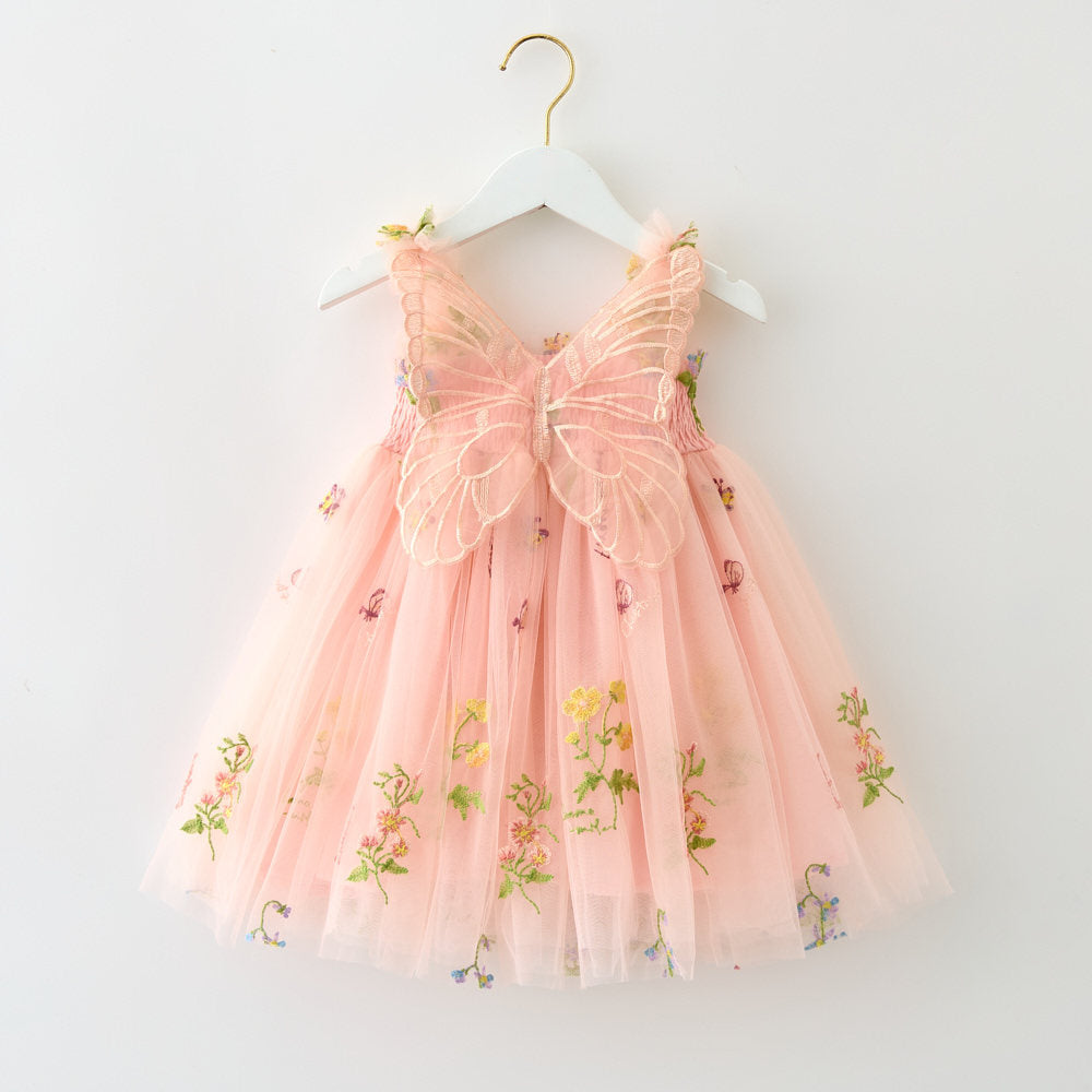 Girls floral embroidery mesh tutu dress with butterfly wings
